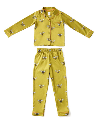 Kids' Satin Olive Bee Satin Button Up Long Pyjama Set